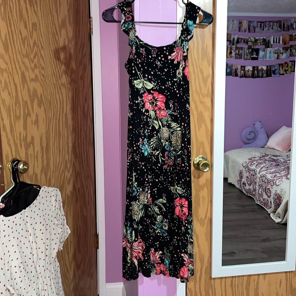 Black floral ruffle strap midi summer sundress